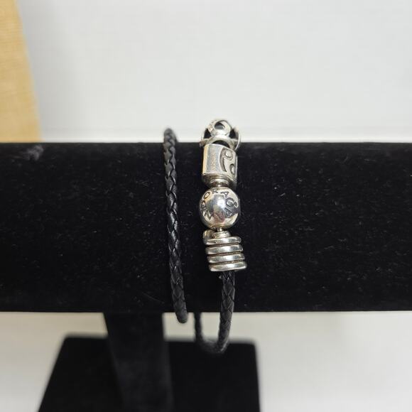 Pandora Sterling Silver Black Leather Braided Wrap Bracelet w/ 3 Charms - Picture 9 of 10